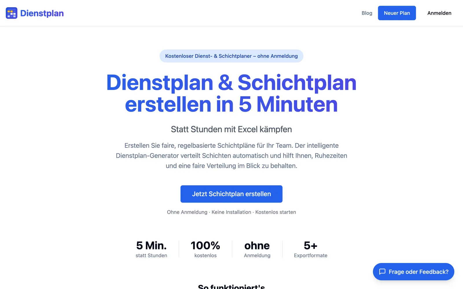 Screenshot der Startseite von dienstplan-einfach.de, aufgenommen im August 2026
