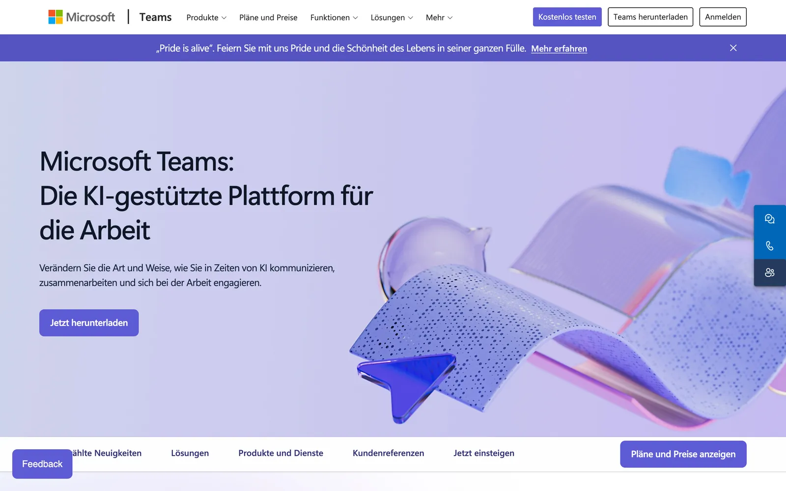 Screenshot der Startseite von microsoft.com/microsoft-teams, aufgenommen im August 2026